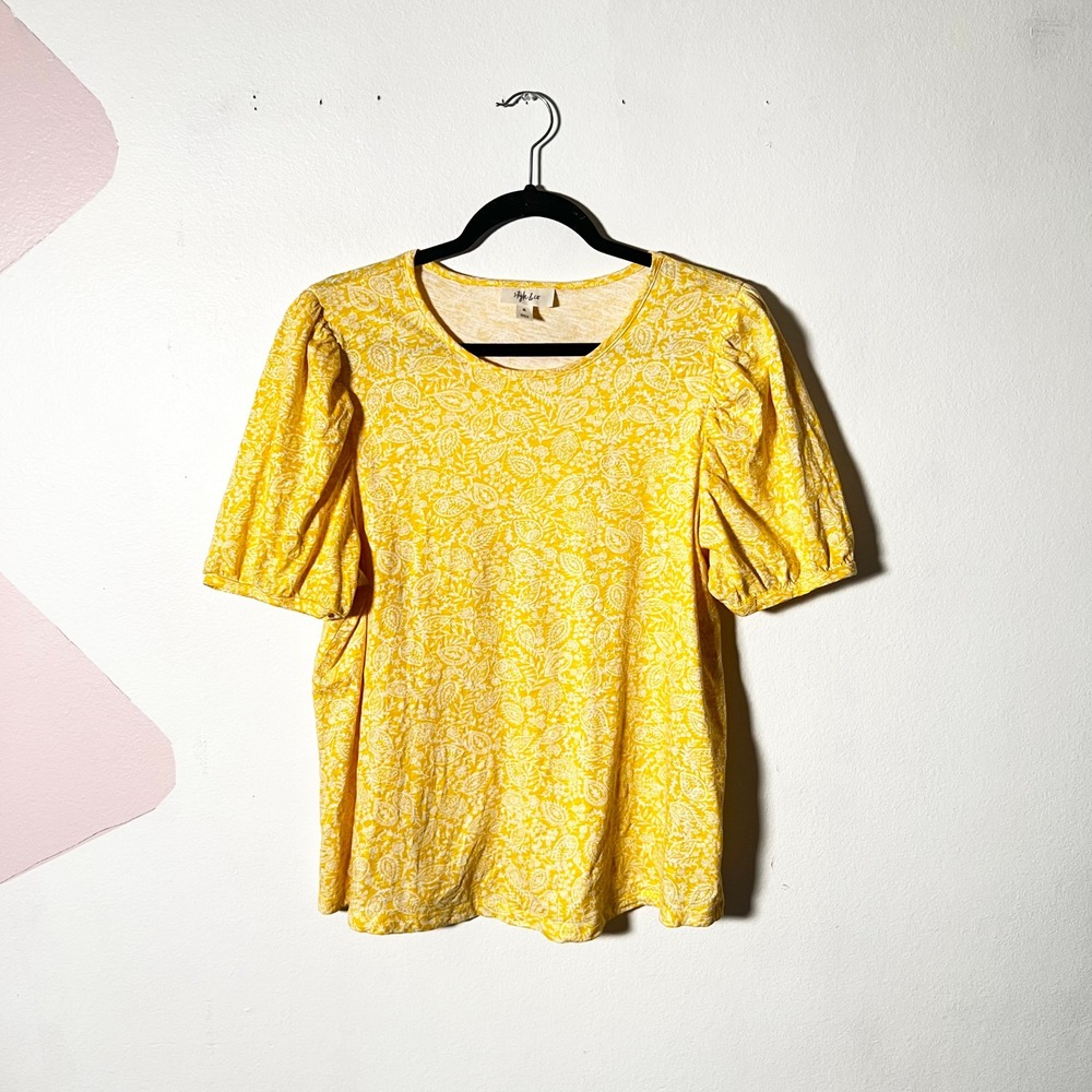 Style & Co 100% Cotton Top Womens XL Yellow Paisley Floral Puff Sleeve